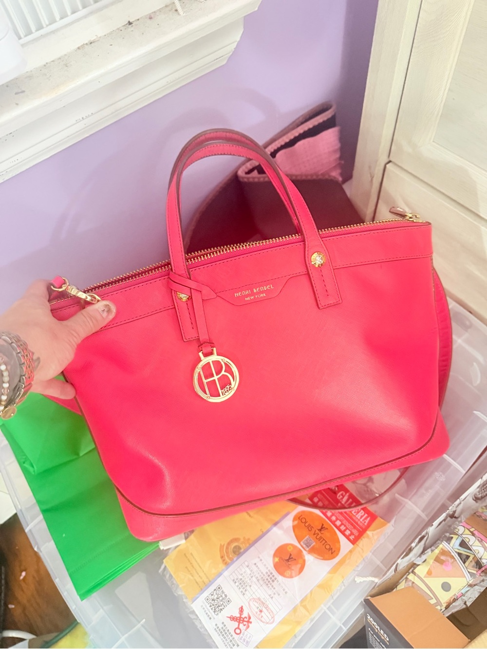 Henri Bendel Bright Pink West 57th Saffiano two way bag